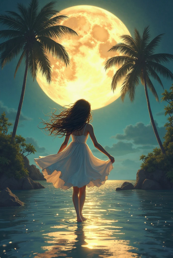 A gorgeous Islander women dancing in the moon light night near the shore of the island surrounding her by a beautiful glowing light