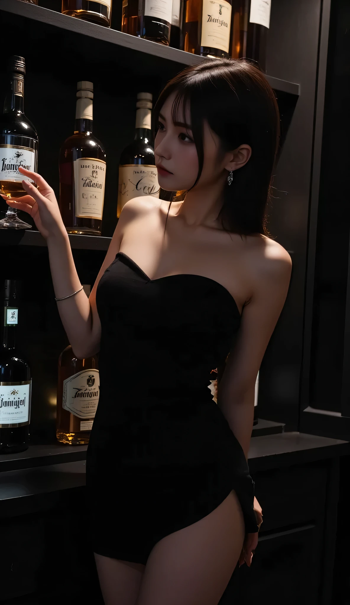 (RAW photo: 1.2), top quality, beautiful detailed girl, bunny girl, smile, blonde, highly detailed eyes and face, beautiful detailed eyes, huge file size, high resolution, high resolution, 8k wallpaper, fine detail, highly detailed ticker uniform 8k wallpaper, light on face, movie lighting, sexy pose, (photorealism: 1.4), illustration, surrealism, from below, Super Detail, Masterpiece, Playboy Bunny, Fishnet Pantyhose, Nioh Standing, Long Hair, Japan Person, Big, Bar, Bar, Bar Counter,
