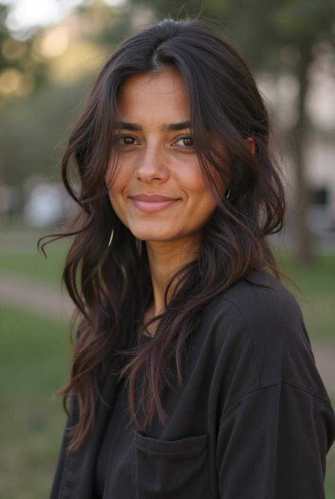   18 year old, girl, black hair, necklace thin and minimalist, looking sideways from camera, face Not visible by hair, in University bench, (View: Full screen, with girl and background, from head to toe sitting comfortable) Mexican 