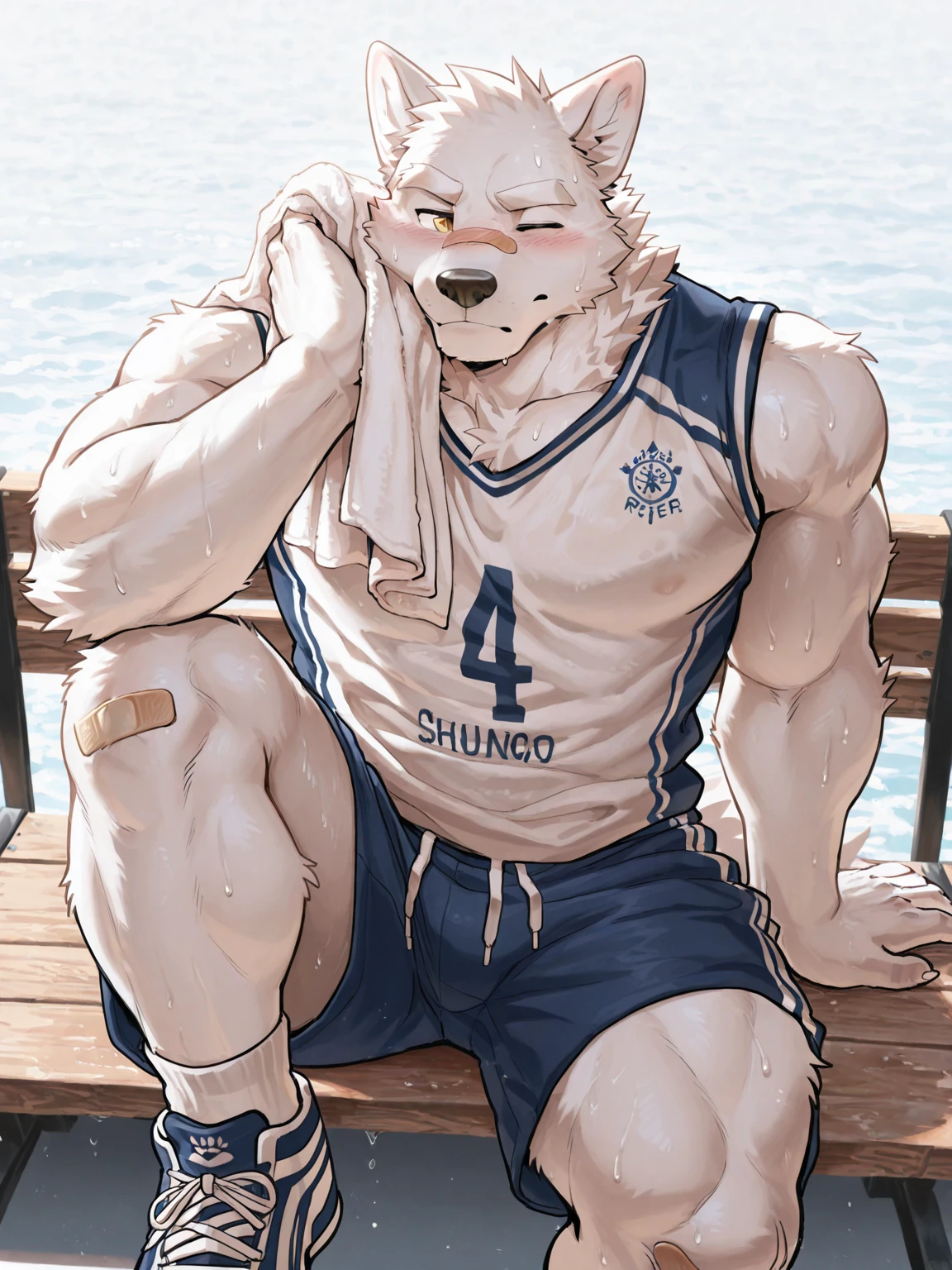 POV,top angle,sleep on stomach,lats,trapezius,butt lift,kemono, anthro (brown dog), male, (brown dog), muscular, back, red body, white belly ,sweat, ((correct anatomy)), sitting on lifegruard tall chair, beautiful beach, perfect beautiful beach background, perfect chair,1 boy, solo, wearing jockstrap, pain expression, canine tooth, hd, dark shadows, wide dynamic range, hdr, low light:1.2, front view, full body, canid, canine, canis, domesticbrown dog mammal, nordic sled brown dog, fullbody, full res, smile, lifeguard, wearing Tank top, full body, camera view, side view, full view, whistle, look down at viewer