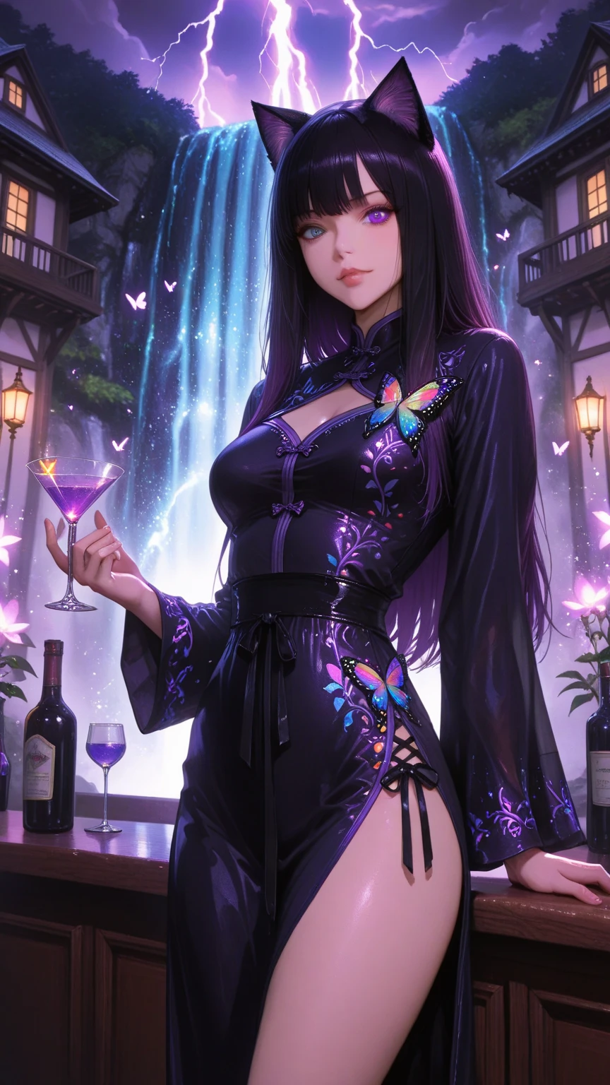 (piece of master), (alta qualidade), ((duas mulheres)), (pele perfeita), perfectly proportions, wearing translucent, flowing robes, finds itself in a paradisiacal bar immersed in soft lights.-( Clothes:Suas roupas devem ser feitas com luz (translucent), ((translucent fabric), roupas de ninfas, deusas ninfas.) , sexy, , (observe os mamilos), (Poses: sentados um em frente ao outro, sentado em uma mesa de bar, copos e garrafas de vinho fino, Wine), (Ambiente: festivo, Friends Reunion, calm and peaceful), (The lighting: luz espacial, luz colorida,), (prix: the bottom of the price shows outer space, estrelas pontilhadas, apenas colunas , sem paredes.)(short hair), (rainbow hair) , (tipo, complicit look),(efeito tyndall),(etherial lighting)