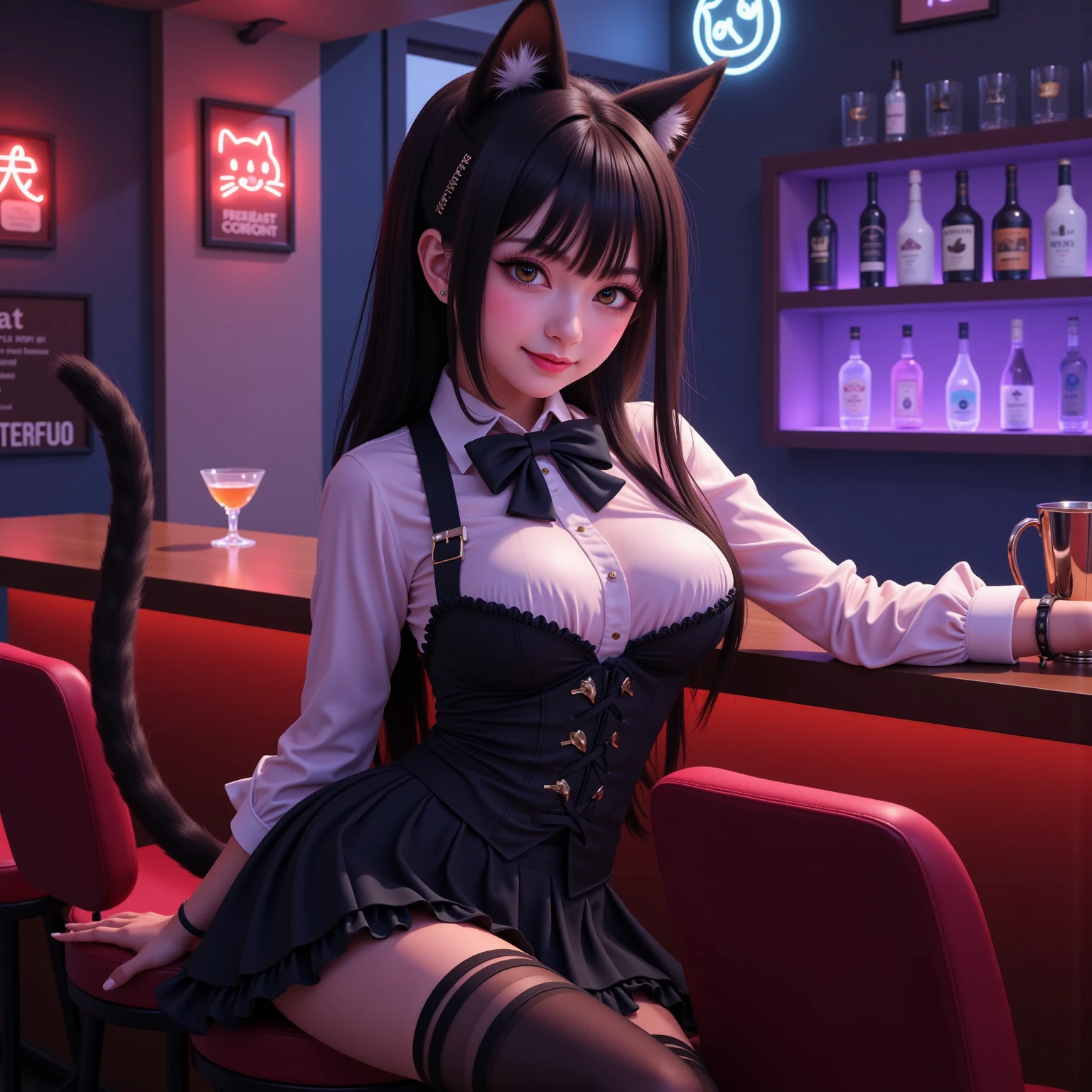 Beautiful Thai Girl, cat ears, sit, café, anime, very high