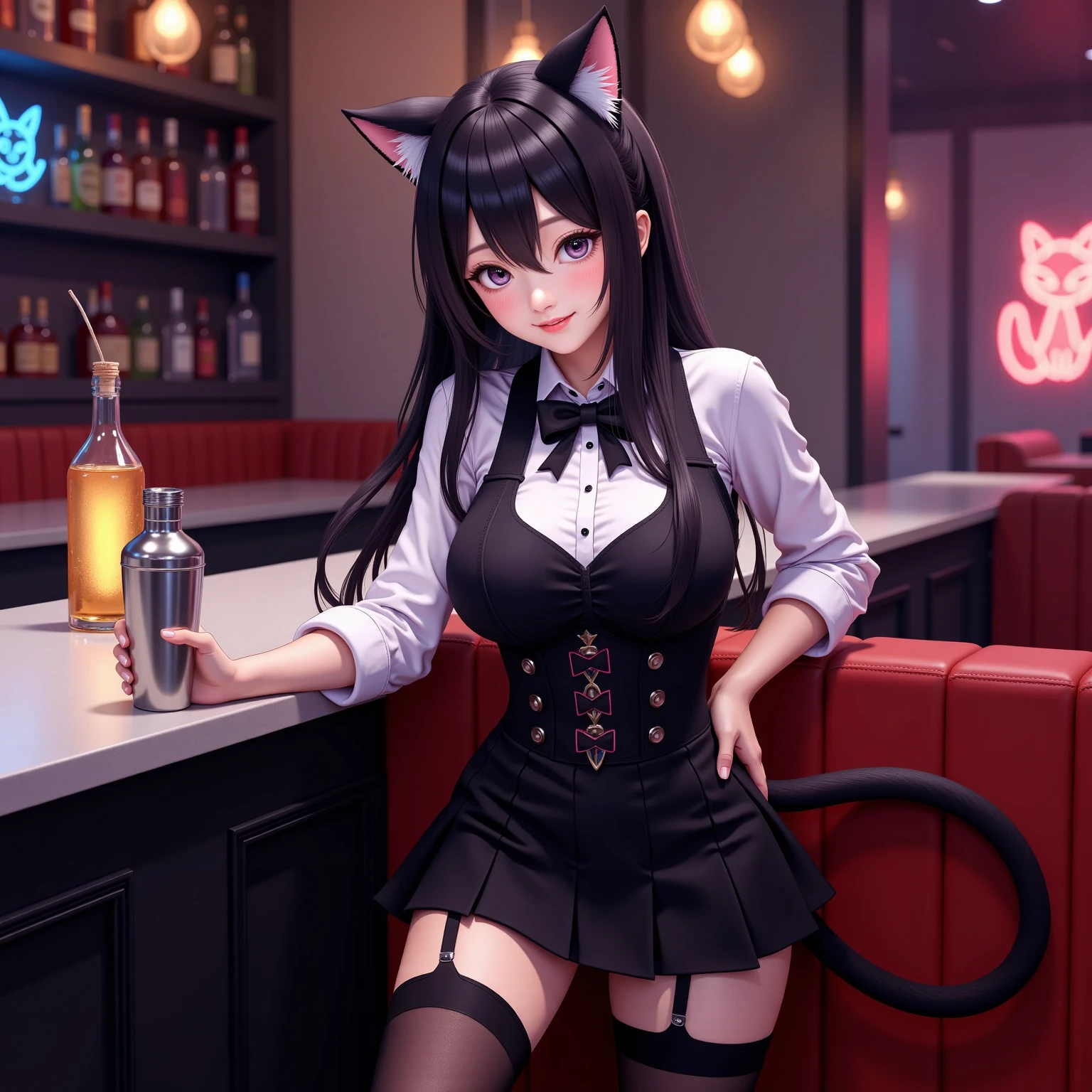 A girl with cat ears and a tail who works at a night bar
