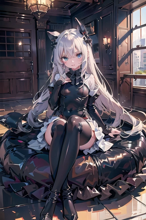 quality\(masterpiece, best quality,8k,wallpaper of extremely detailed CG unit,hight resolution,top-quality,top-quality real texture skin,hyper realisitic,increase the resolution,RAW photos,best qualtiy,highly detailed,the wallpaper\), BREAK ,1girl\(18 years old,cute,,hair\(twin tails\(silver,(short:1.3),black bow\),shiny, cuticle\),eye\(big ,droopy ,silver\), eyebrow\(silver,(thick:1.5),(troubled:1.3)\),(evil smile:1.2),fang,small breast, perky_breast,big hip,shiny skin,smooth skin,gothic dress\(frilled,shiny\),open cleavage,open stomach,gothic thigh_high_socks,wearing make_up,,eating afternoon tea,(Vulgarity),(dynamic pose),sitting on a chair,looking up\),at glorious restaurant\(Shandria,gothic furniture,beautiful flowers\)dynamic angle,long shot,thick eyebrow