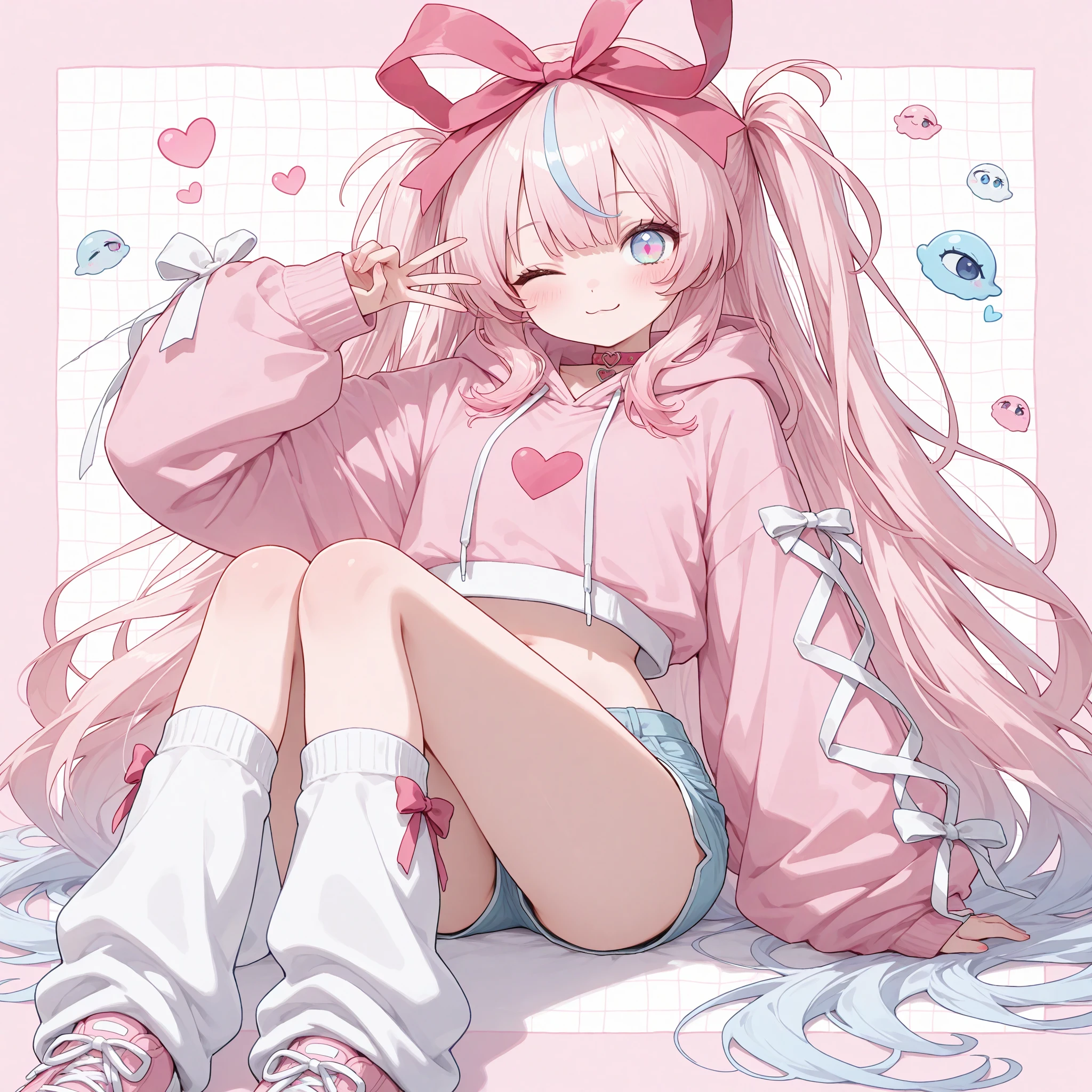 girl, light blue long hair , pink eyes, High quality wallpaper, loli，White knee socks，sports shoes，Pink sweatshirt，shorts

