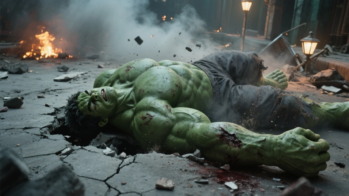 hulk in a hospital bed with blood on his face, Wounded in Hospital, hulk like physique, the hulk, the incredible hulk, hulk body type, hyper realistic vfx simulation, dwayne johnson as hulk, epic scene from marvel movie, landscape of the hulk, hyper - realistic vfx render, marvel movie footage