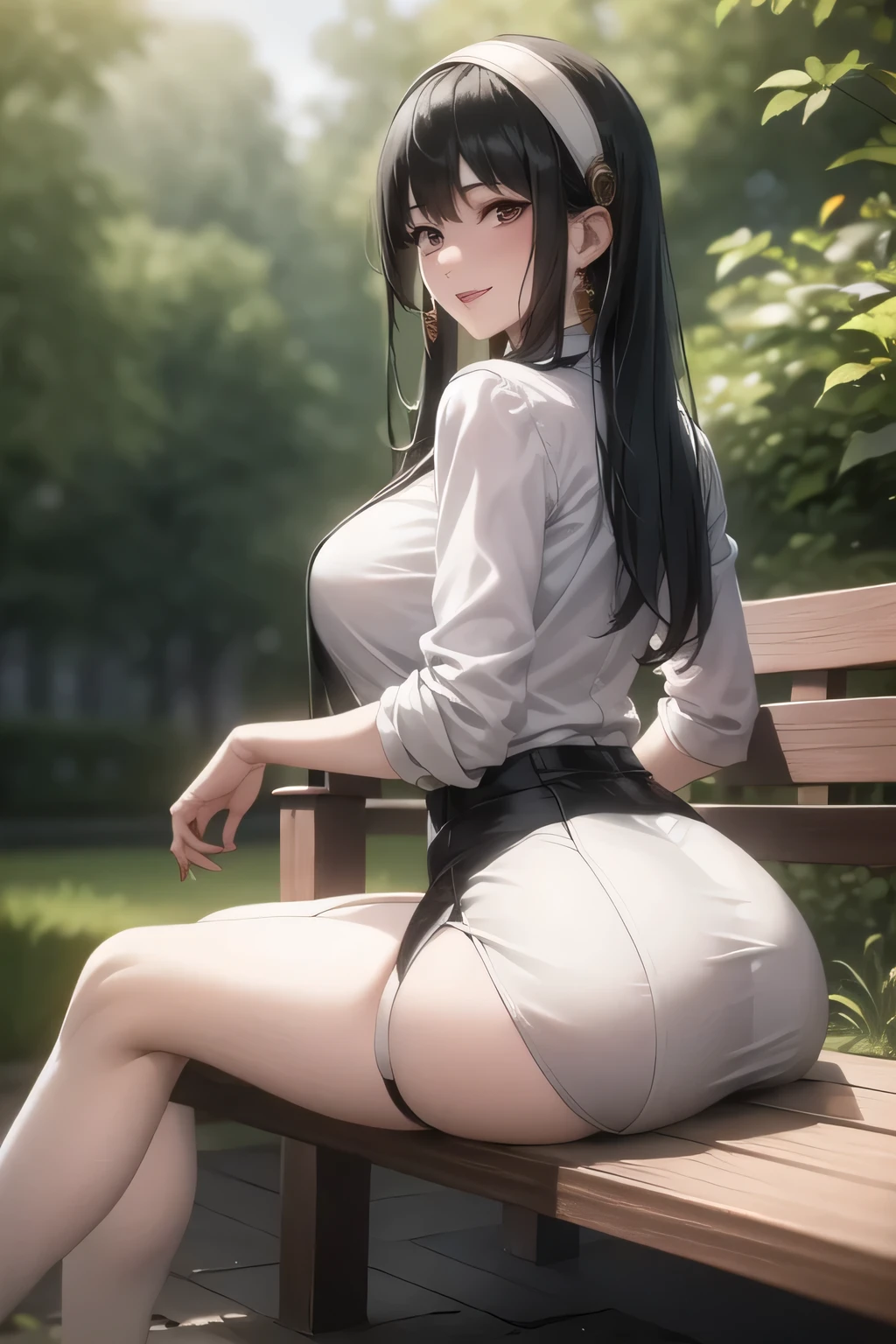 I'm in the pool,Can you draw a woman in a swimsuit,Big Breasts,I'm raising my black hair,Hair accesSories,Black Haired Woman,I have a white headband,A woman with a lovely smile,office lady suit,white blouse,Tight Miniskirt,high heels,A woman relaxing on a park bench in the woods,The expression on my face is the most important thing, So、Don't Fix My Face,can I draw her looking back at the board,her breasts are hidden in a costume,Can you grasp the details of her hands and feet correctly?,, , big breasts, thin waist , , ,Faces are very important,only,