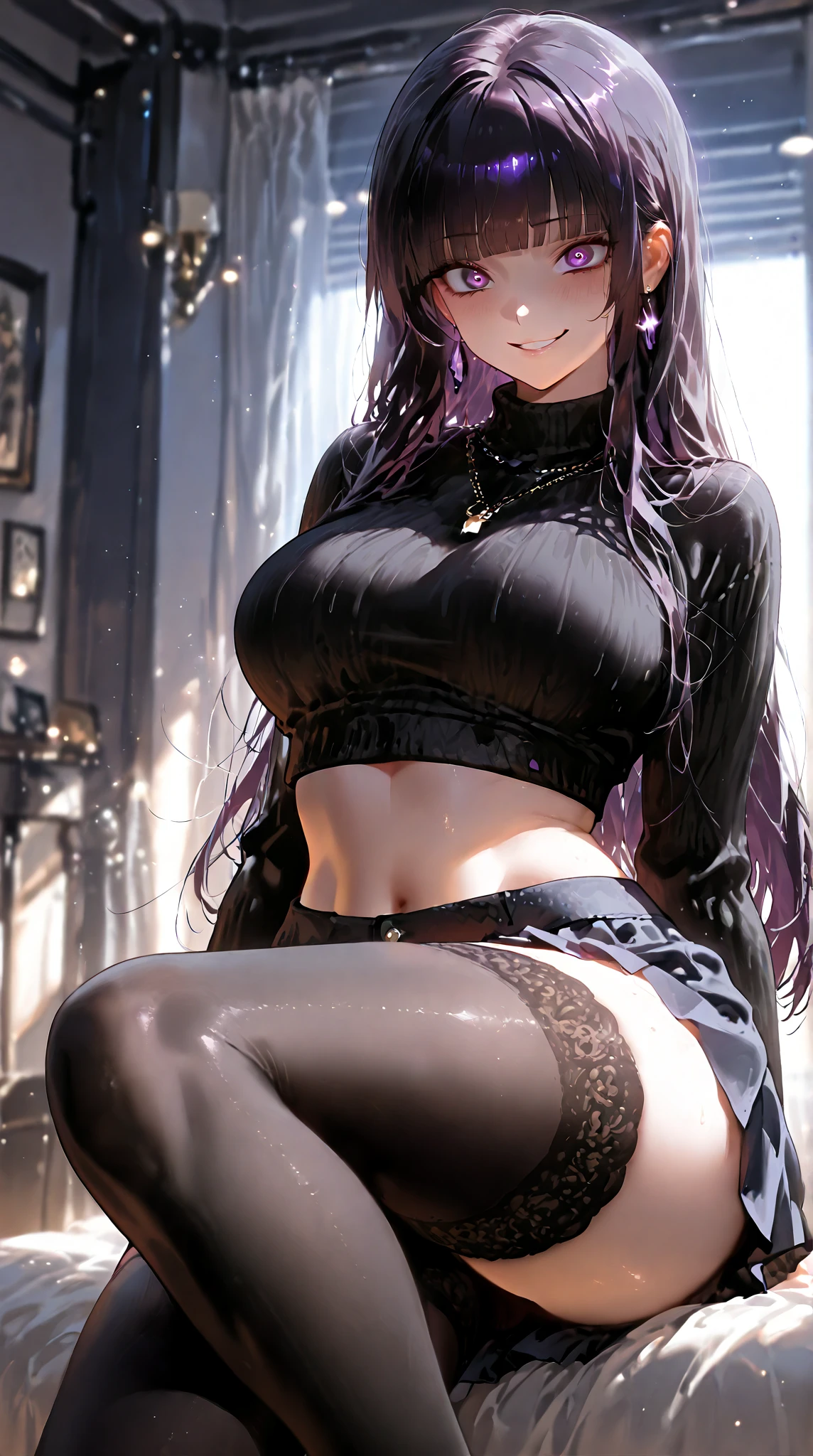 masterpiece, best quality, CordeliaSKV4, 1girl, solo, brown sweater, black skirt, thighhighs, high heels, cowboy shot, sitting, indoors, couch, hands behind back