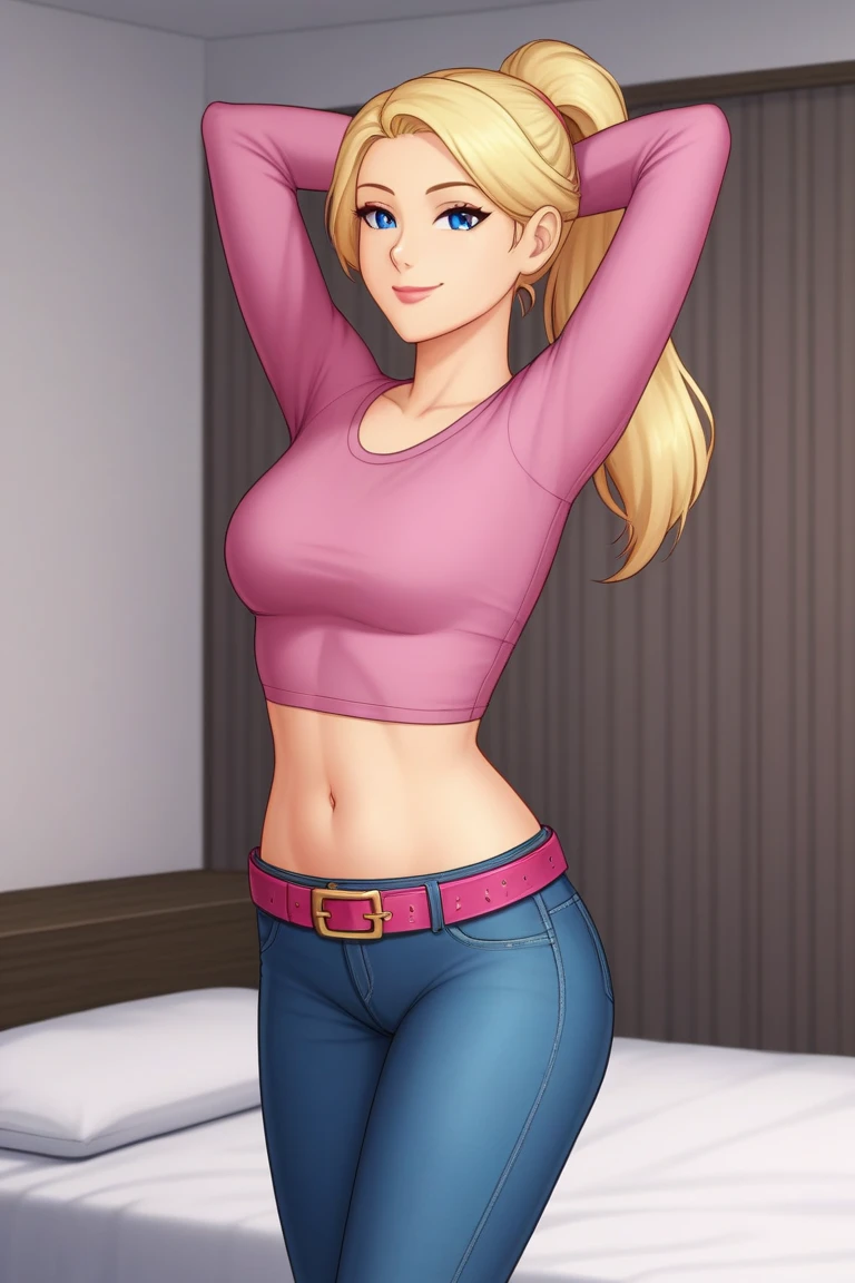 score_9_up, score_8_up, score_7_up, 1girl, solo, mature female,((Tsukumo Yuki)), ((blonde long hair)), brown eyes, pink lips, parted lips, fit slim body,(((perfect erected medium breast))) (((black tight tank, tight jeans, belt))), (((highly detailed bedroom, window, bed))), perfect fit model body, seductive pose