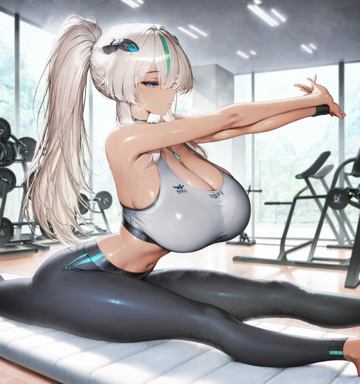 "An ultra-detailed 8k masterpiece, better quality and high saturation. The image features an outfit illustration with a beautiful SEXY European girl wearing tight, see-through leggings, including tight open shirt, F cup, White sneakers, and a blue background."