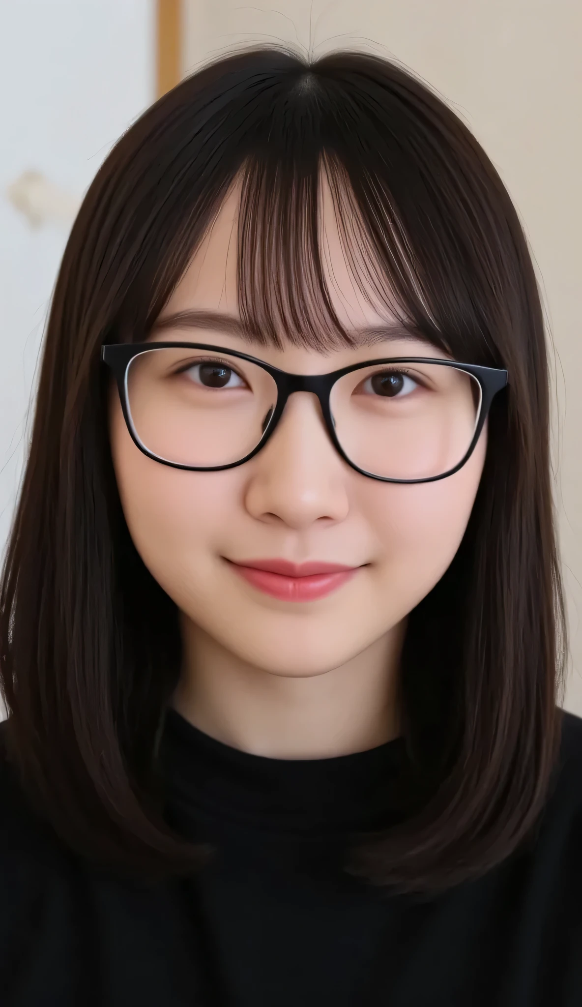 1girl, Solo, High Resolution, Masterpiece, Anatomically Correct, Accurate, real proportions, detailed skin, detailed face, Best Quality, real life style, black hair, bob hair, glasses, black clothing, portrait