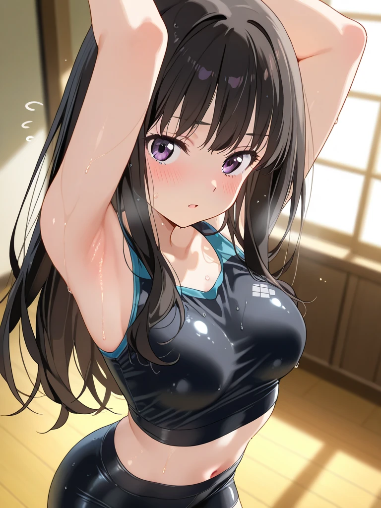 Residential Street,smile,Squat,1 ,ponytail,Black Hair,blush,Navy school swimsuit,barefoot,White skin,summer,From below,shy,Sweat,shy,Super big breasts、School swimsuit that looks like it's going to tear