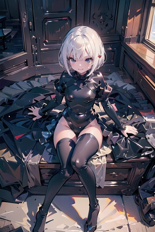 1 girl's full body, elf, silver hair, red eyes, bob cut, braid, ((facing forward)), ((putting both hands on their face)), (surprised), (blush), leather armor, adventurer-style costume, indoors, kneeling, concept art, beautiful anime scenes, beautiful anime scenery, top rated on pixiv, top quality, 4K
