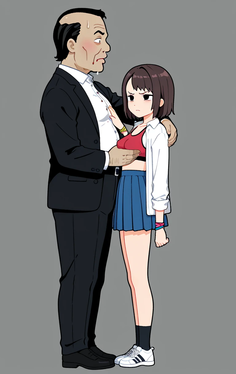 high resolution, masterpiece, Newest, original, Shogun, masterpiece, vector graphic, Ilastaya ,
cuteg, Manga adaptation, Simple Backgrounds, grey background, ( from side:1.4), Flanks,
full body, 
1girl, (solo:1.8),  beautiful , black eyes, Dot Eye, Empty eyes, 
brown hair, short hair, 
closed mouth, looking to the side, Stare away, (Disgust:1.2), 
constricted waist, Thin Thighs, 
so cute, young girl next to the piano, 
medium chest, erect nipples, big nipples, 
white collar shirt, blue pleated skirt, (Black Socks:0.6), sports bra, long sleeve, Pull Bra, open shirt, color bone,
partially removed the button, Prouching, 
1ugly man, (ugly man:1.3), Shaved head, Body hair, Age Difference, Wrist hair, hand, Glynn, Dark skin,
grab someone else's chest, Shoulder to Shoulder,  arm around shoulder ,