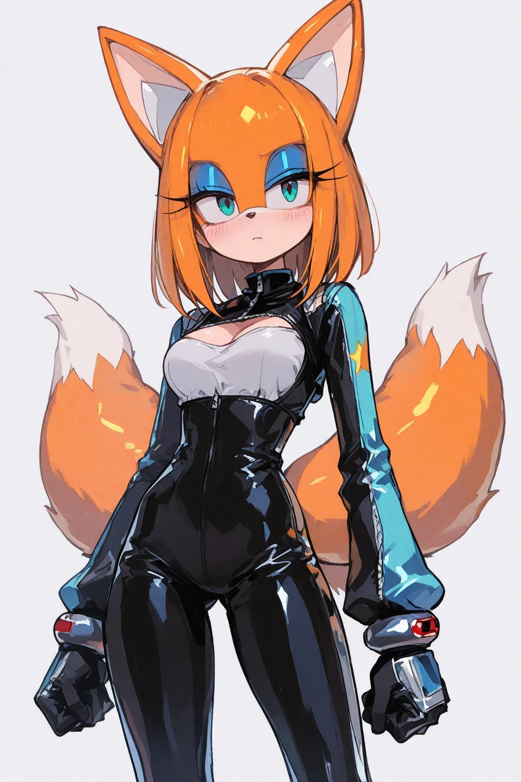 Cute girl, short yellow hair, headband, blue eyes, orange clothes,Ramen, fox, ninja, adult girl, full body, Black and orange clothes, a black bandana covering her forehead, sexy body, sexy, sex, porn