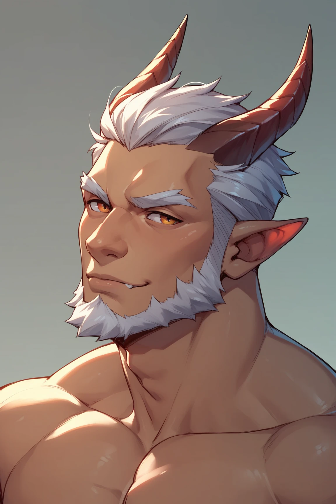 <lora:xiumosi:0.55:MIDD>,  <lora:husbandoLocon_v32:0.4>, xiumosi, 1boy, brown_eyes, big aqua_eyes, red hair, (streaked_hair), facial_hair, ((cow horns)), red stubble,  pointy_ears, male_focus, portrait, :d,  ((solo)), (masterpiece),portrait,((:d)), crossed arms,male_focus,abs, biceps,bishounen,(bare body),(wet),(abs),nude, (nude), (abs), collarbone, bubble,(((male_focus))),navel,nipples,swimming,nipples,(((upper body))),partially_submerged,pectorals,smile,solo,nude,water,wet,(bath),lapels,ray tracing,god rays