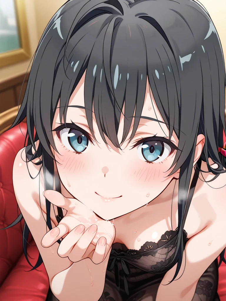 ((masutepiece, Best Quality, hight resolution, nffsw, Perfect Pixel, depth of fields, 4K, )), 1girl in, Solo, , Beautiful anime girl, Beautiful Art Style,
very low view angle:1.3, view from below:1.5, sky from below:1.5, living room background,
Perfect body, happy face:1.5 portrait:1.4, goth dress, angry face, lowered eyebrows,
yukinoshita yukino, large breasts,
Full face blush, red face,
straight on:1.3, medium shot