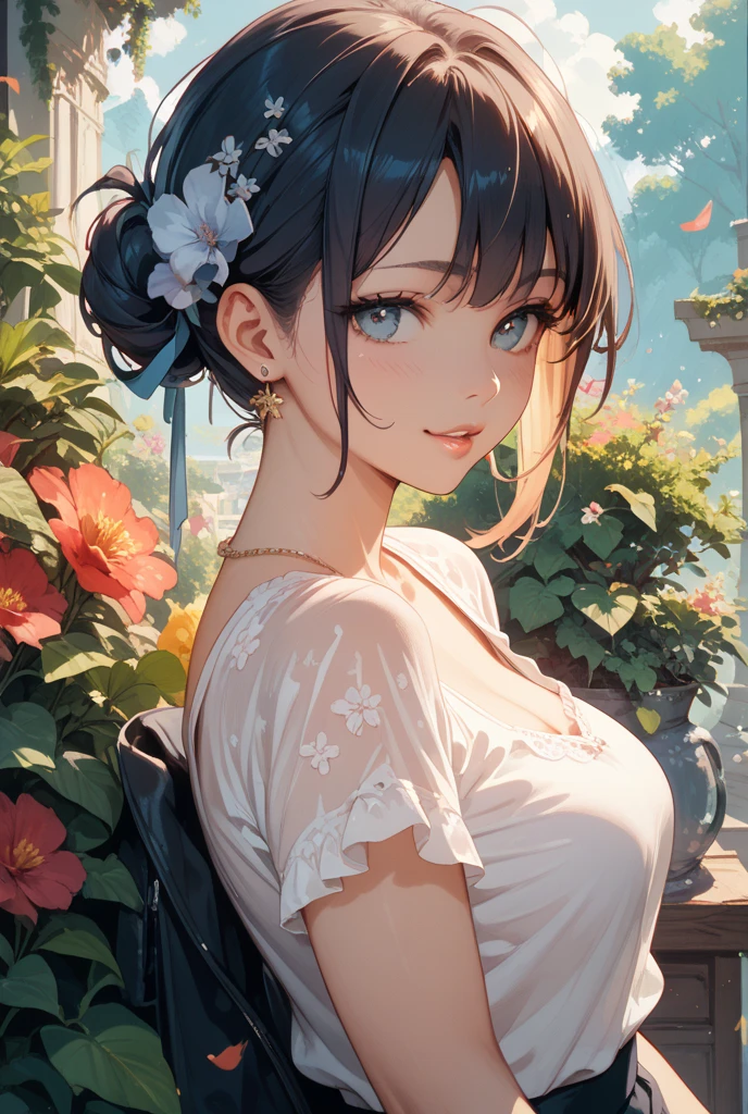 (Painting style close up,8K ultra-high resolution,A masterpiece Vista CG wallpaper),Beautiful skyline,Beautiful sky,Beautiful and delicate eyes,pretty girl,Perfect slim body,Shift dress,Pure Eyes,The skin is smooth like a baby,Standing on a high mountain overlooking the earth,Sky Sky,lake,Colorful flowers and plants、ponytail