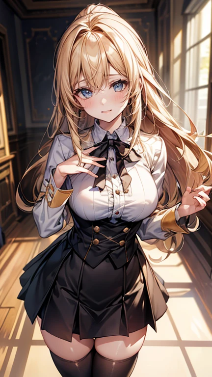 A breathtaking masterpiece、Captured in breathtaking 8K resolution、The portraits are exquisitely detailed and realistic.。The scene is bathed in HDR light.、Depicts a beautiful woman at a medium distance、(semi-long、Blonde Hair)、Medium breast、high school girl、(uniform、cute ribbon、skirt、Knee-high socks、blazer、uniformのボタン、uniformの襟、blouse、uniformのskirt、uniformのネクタイ、uniformの靴、uniformのベスト)、In a perfect contrapposto pose、Her hands were delicately placed on her head、Smiling amiably at the viewer。She exudes an aura of grace and charm.。