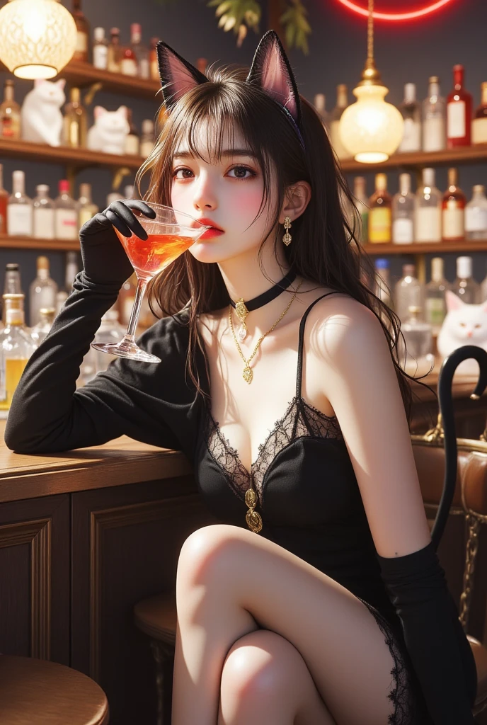 A woman sits at a small table at home, holding a bottle of red wine in one hand and touching her black hair with the other, warm light shining on the side of her face, sketching a slightly drunken posture