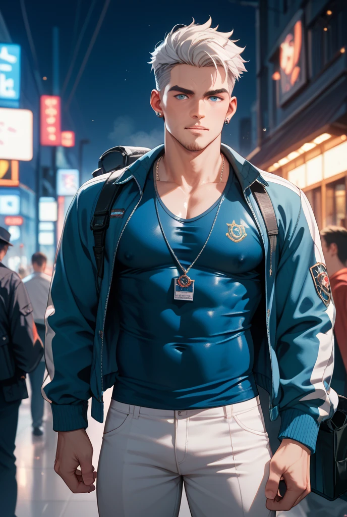 melhor qualidade, obra de arte, ultra high resolution,fundo detalhado,realista,illustration,cartaz de capa de revista,magazine scanning,coreano,Sozinho,yaoi,1 menino,homem maduro,coxas grossas,Viril,bonito,muscular,sob corte,cabelo curto,facial hair,jaqueta,campo de flores,modelo,moda urbana,Title, logo labels,graph design,profundidade de campo,