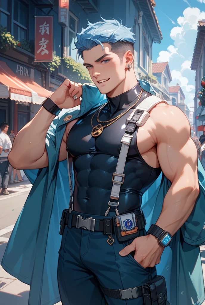 a muscular 20 year old guy, wearing a police uniform with open midsection, unzipped penis showing an erect penis, nice penis, pretty face, sexy, 1 boy, solo, police