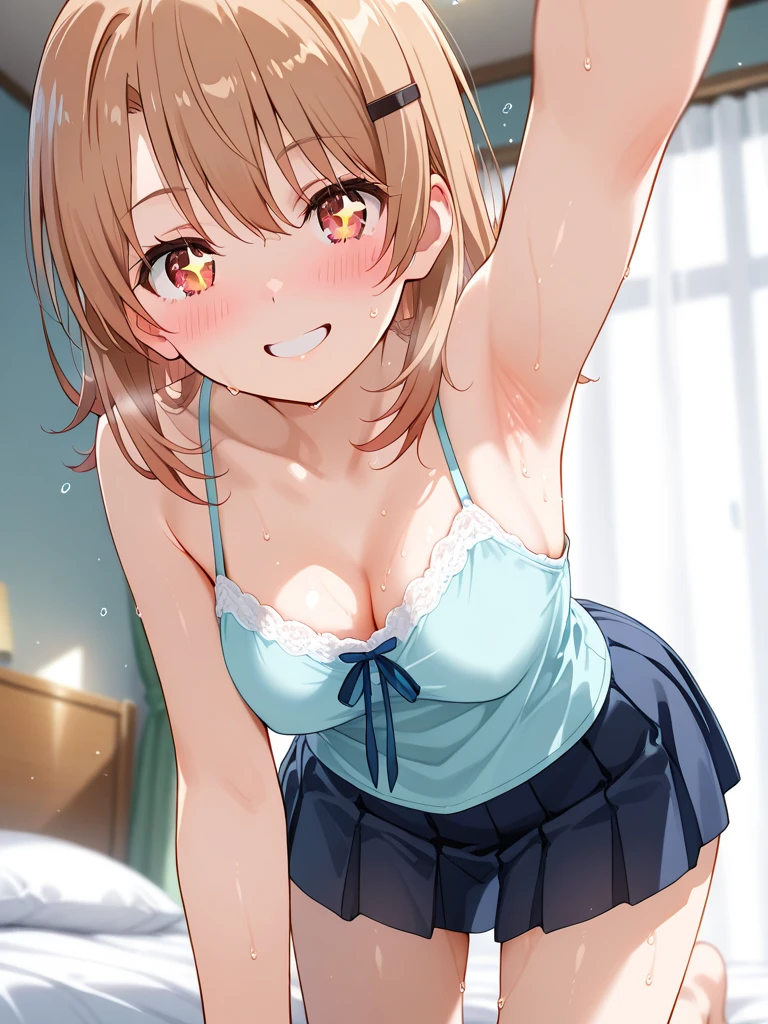 (nsfw), best picture quality, 8K, high quality, masterpiece:1.2), ((masterpiece)), (high detail, high quality, best picture quality), bokeh, DOF, cute round face, Portrait, (cute illustration:1.2), (perfectly balanced anatomy), (18years old) , (Young face:1.3), Sleeveless shirt, white lace panties 、(widely spread legs:1.1), extremely cute, sapphire kawashima embarrassed, A big smile, smiling, (Slender body:1.2)