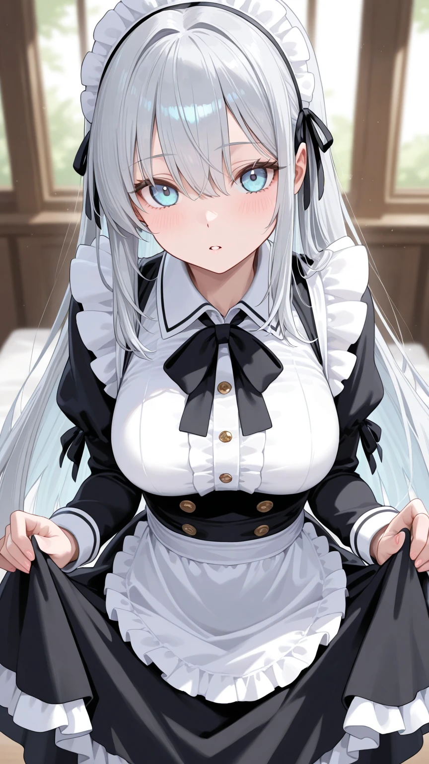 (best quality, high resolution), solo, , shirtlift, lift by self widely, maid uniform, small breasts, no bra