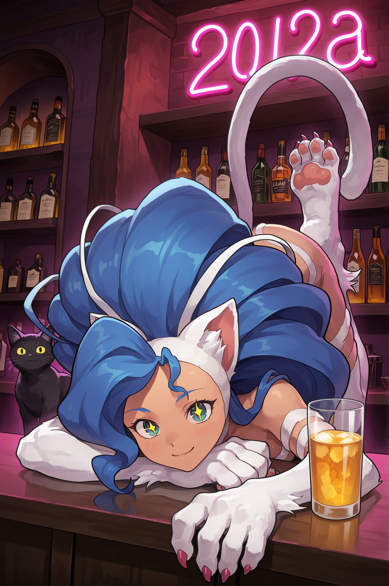 Felicia, blue hair, green eyes, cute smile, happy, big breats, big ass, in a train with a cat theme, sitting in a table drinking coffe.