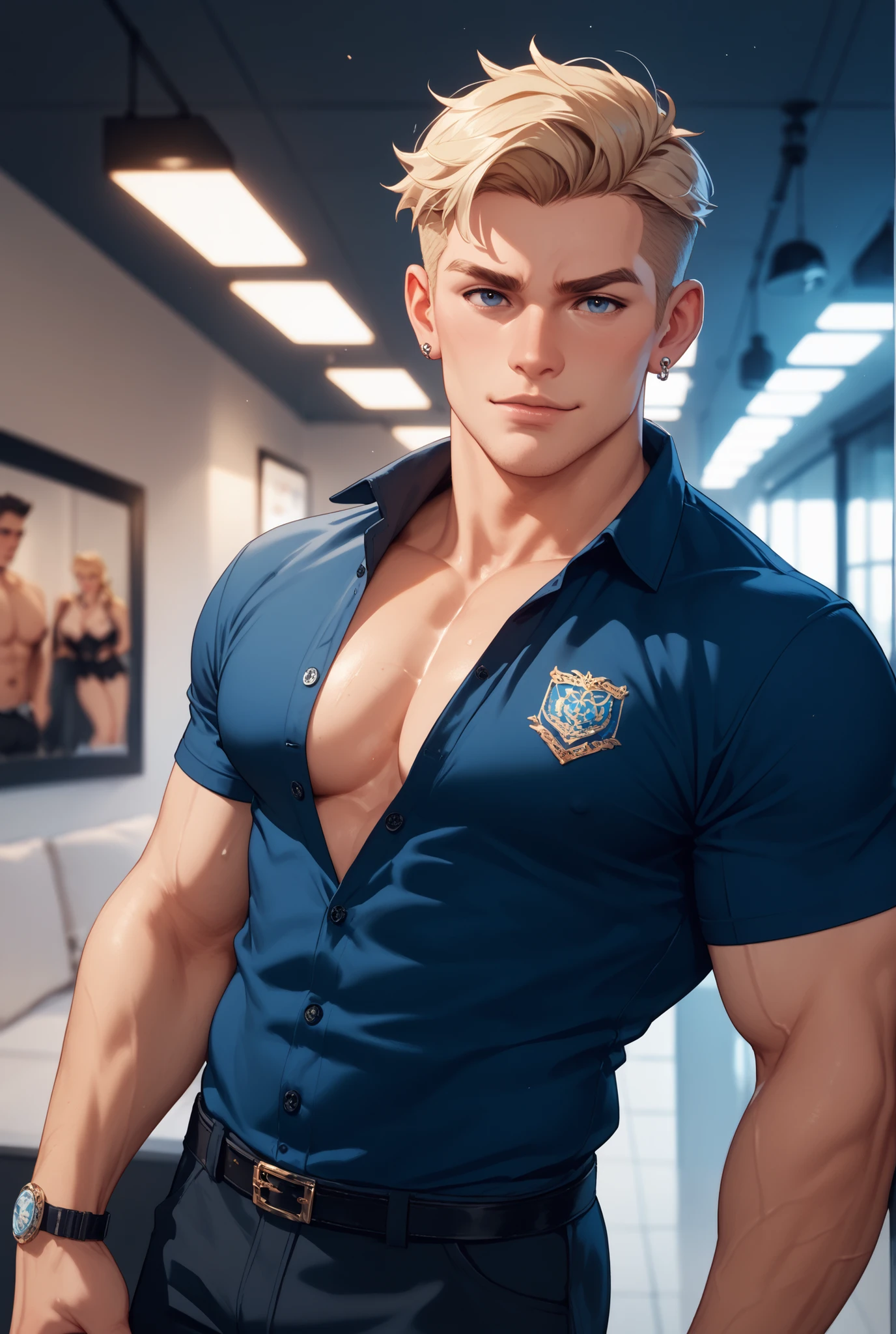 22-year-old lieutenant of the Navy Seals. behind him on the wall on a hanger hung his ceremonial uniform, with a shaved face without a mustache and beard, with a clean-shaven face, Troy Adams, blond, 6 feet 2 inches tall, hairy chest and hairy belly, muscles of a marine, shirtless, behind his back on a hanger hung his ceremonial uniform