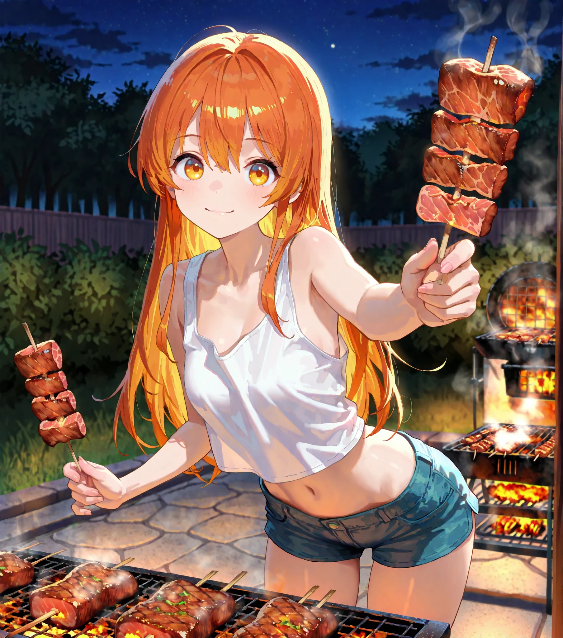 master piece,best quality,ultra detailed,ultra hires,32k,beautiful detailed face,beautiful detailed eyes,looking at viewer,long orange hair,background is lodge,white tank top,short pants,navel,BBQ,grilling meat on a skewer,night,reaching a meat on skewer forward a viewer