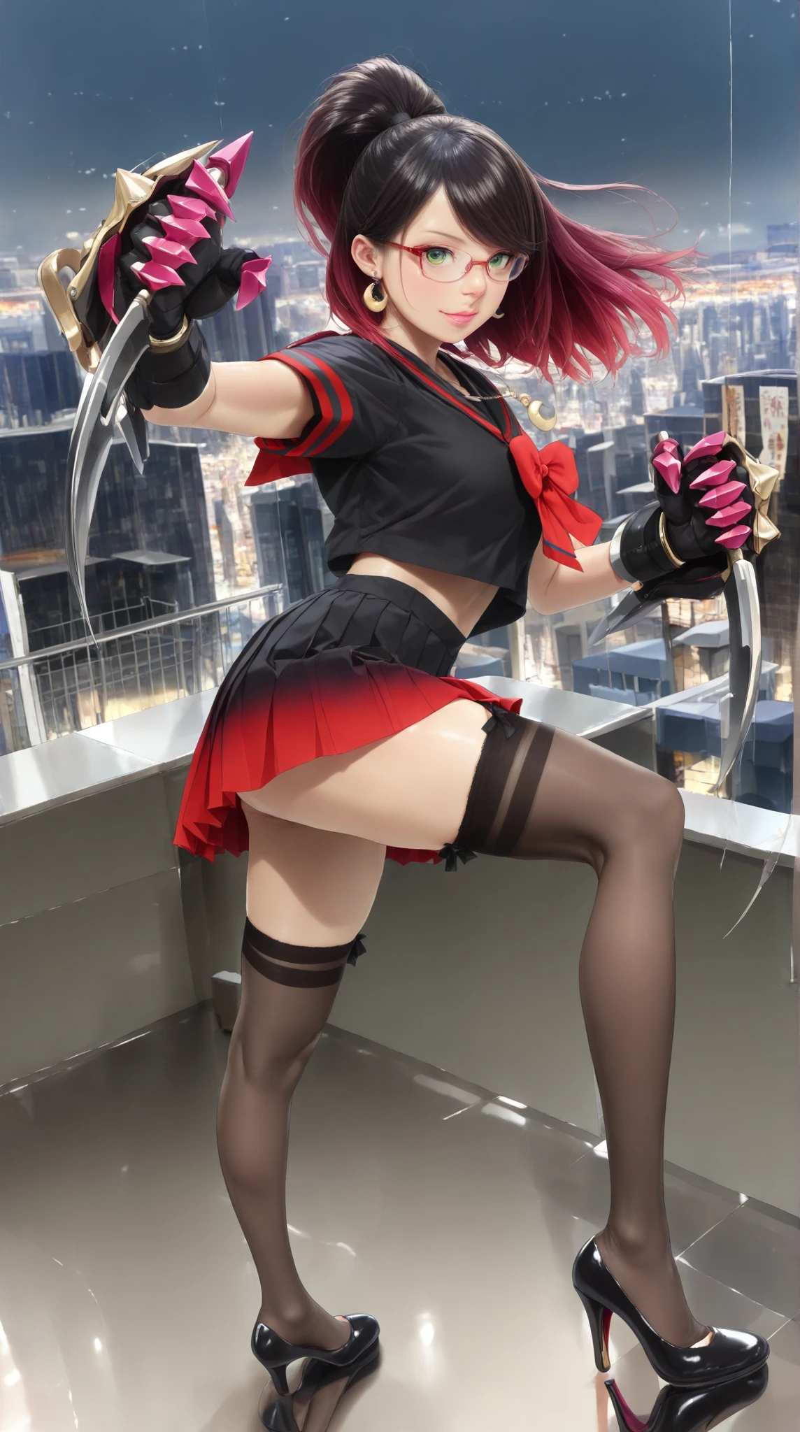 female mascot, small, , Ray-tracing, Waist slender, small, with ancient clothes, detailed, Russian robes, warm clothing, hot pants e botas, with sword in hand, futuristic gun pointing left, pose to the left, detailed doom style sword, large sword with different colors, futuristic sword, cintura small, complex light, cyberpunk sword in hand, sock with horizontal stripes in two colors up to the thigh, complex light, wool, pants with many folds, exclusive gloves, dynamic position, dark look, dark look, giant sword in hand, attacking, belts around the waist, detailed hem, giant laser sword, dark look, shorts, Darkening, Eyes red, Traits I didn't bring, prints, big thorns bracelet, shorth hair, Power spells,High subsurface, High subsurface, occlusion environment, ((dark look)), dark look, black costumes, shorth hair, big gloves, Bodysuit, (tied hair), hair divided into two, full-body vision, hair tied with ribbons and large bows, joelheiras detailed, ((blackquality hair)), ((blue short dress with stylish rip at the waist)),mortal kombat, detailed top, shoulder pads rich in details, Thigh-high boots, hair divided into two, stamped, red details,((sexy)),(((peitões))),(((super sensual))),((seios grandes))