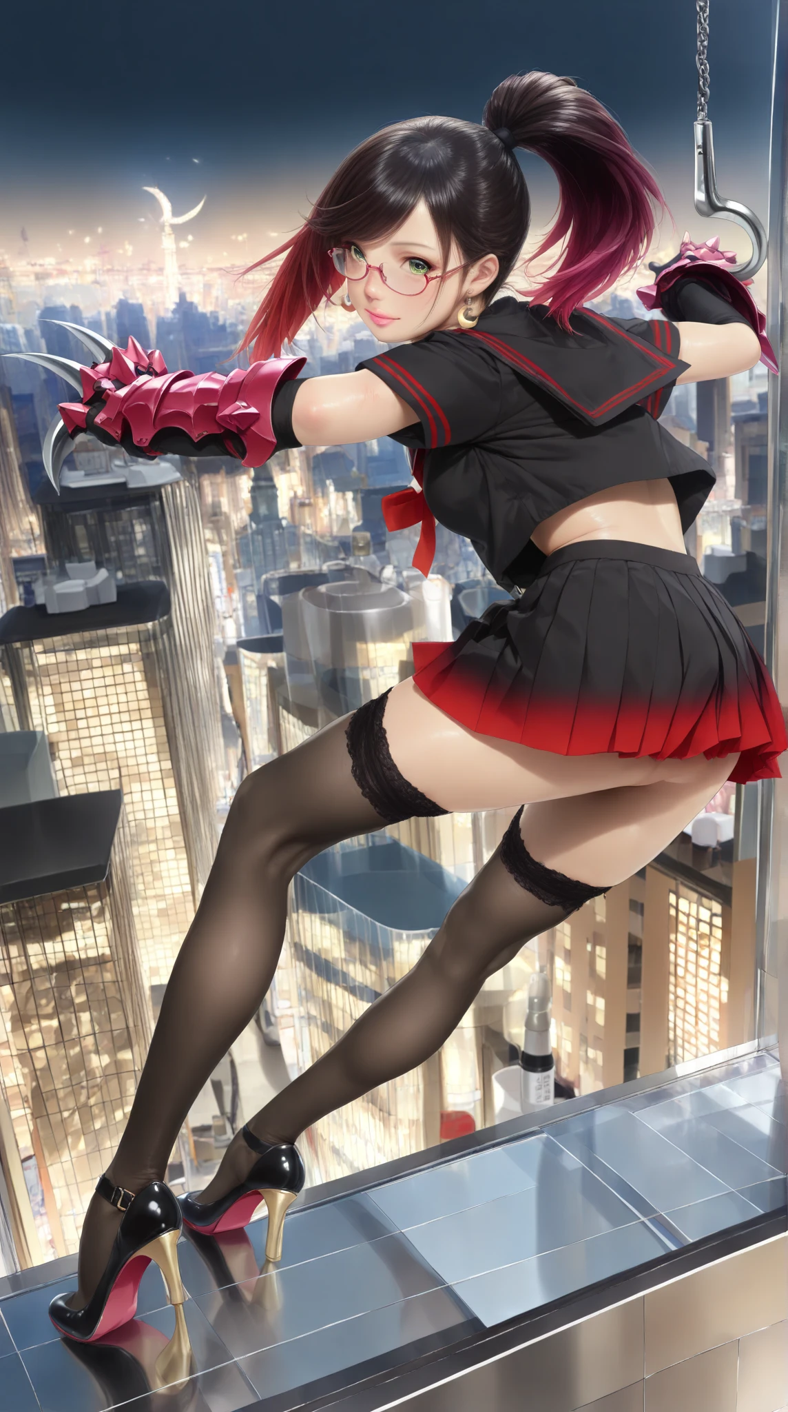 ((Best quality))((realistic))((full body))((face detail))A girl. Short black hair.spider girl . sitting on roof. short skirt .