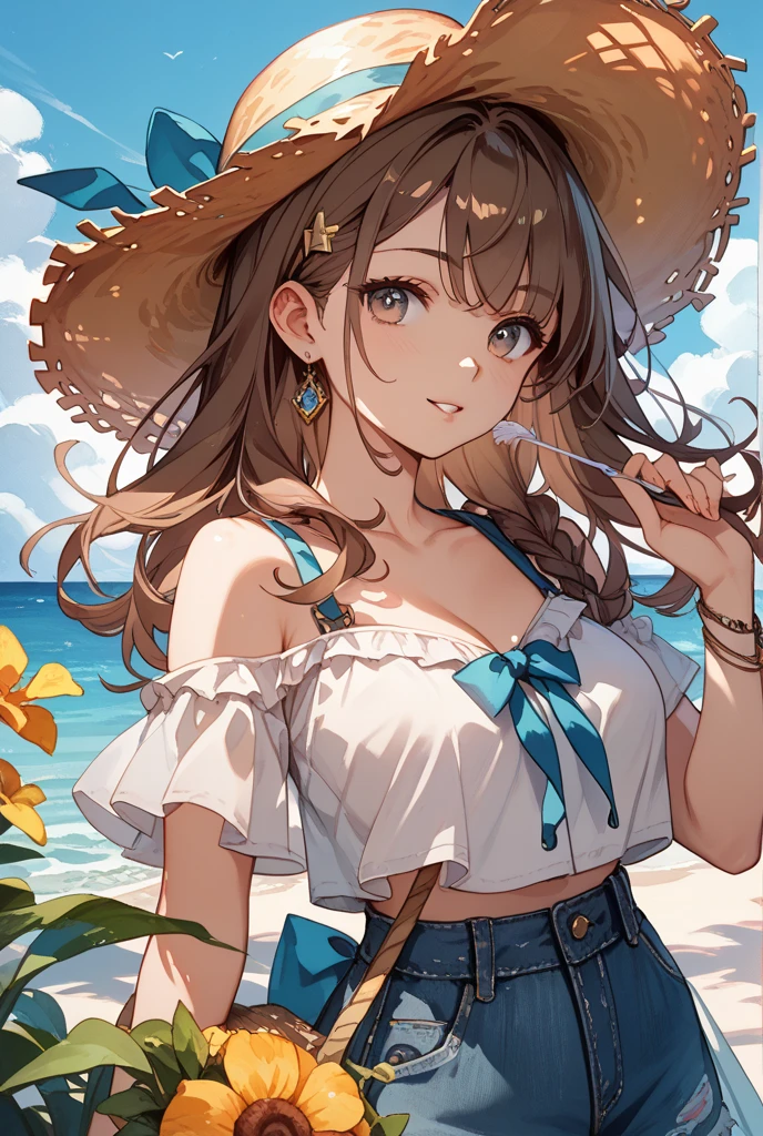 ((masutepiece)), ((Best Quality)), (Ultra-detailed), ((kawaii)), Cute, (lovely), ((Sexy)), (Ero), ((Extremely detailed)), 4K, (8K), Best Quality, (Beautiful), Anime style, Dynamic Angle, Upper body, folding arms, Colorful, full body focus, Sunflower, Beautiful sky, Summer, Cute little girl s, 1girl in, Solo, one piece dress, Beautiful light brown hair, Beautiful purple eyes, ((Beautiful eyes)), White-skinned, Long hair, large full breasts, a straw fedora hat, horseshoe-shaped hairband, Necklace, lightsmile, blush, Lens Flare, Wind-effect