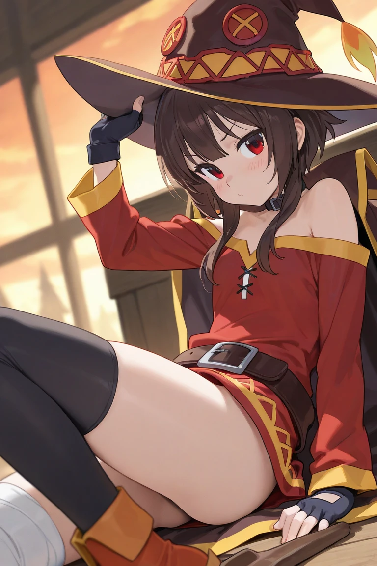 Megumi, 1girll, 独奏, Lying position, looking at viewert, bucket-hat, Witch hat, brown hair, short long hair, red eyes, Be red in the face,Bare tongue and smile, a black choker, 鎖骨, flatchest, off the shoulder dress, shift dresses, Red dress, Brown cape, longer sleeves, black glove, Fingerless gloves, obi strip, Brown belt, Golden decoration, Zetai Long Iki, dent in the skin, (Asymmetrical legs:1.6), mismatched legwear,(bandaged leg:1.3),black thighhigns,(The arms are behind the back:1.3),Quaint,城市,castle wall,Wagas,Vista Castle