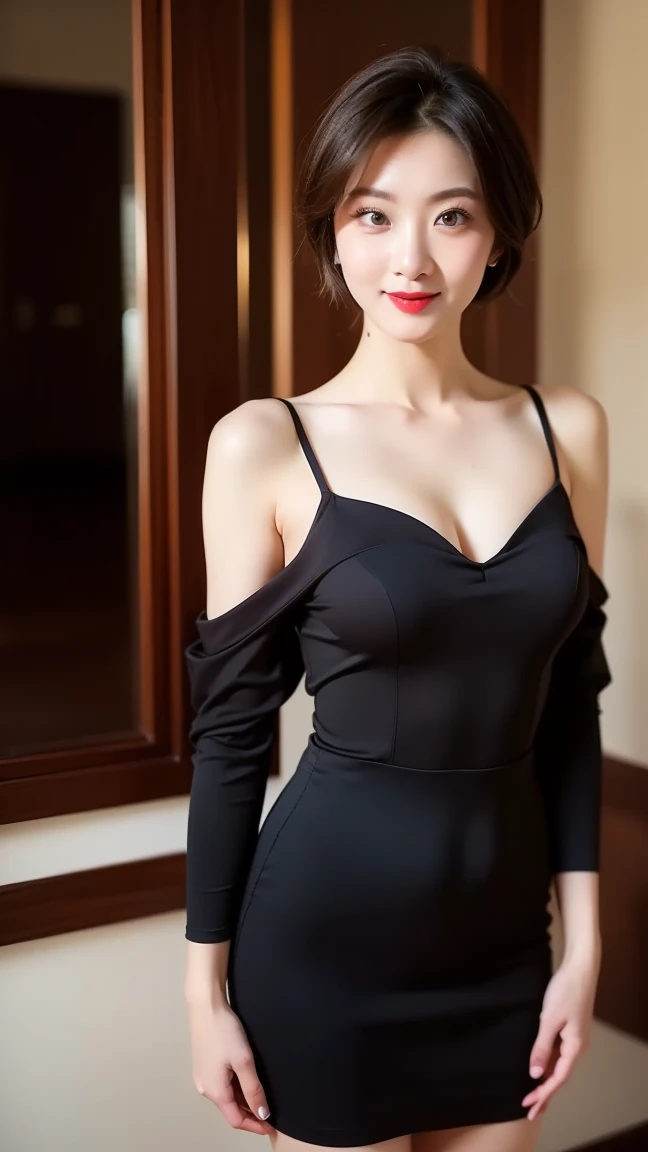1woman, Highly detailed 8k wallpaper), sharp focus, detailed, dramatic, delicate and beautiful Woman, (perky uplifted breasts:1.1), cleavage, (leotard under cream pantyhose: 1.5), Half Butterfly Earrings, Double Ring Necklace, (Evil Smile:1.05), (45 years old, : 1.4), (Heavy, Fat Body: 1.4), Makeup, (Lipstick: 1.1), (Eyeliner: 1.2), Mascara, Eyeshadow, Wavy Hair, Dynamic Angle, ( plus size model), (red lips)graphics beautiful, Modern office with a view, wide windows, show your whole body, standing by window,