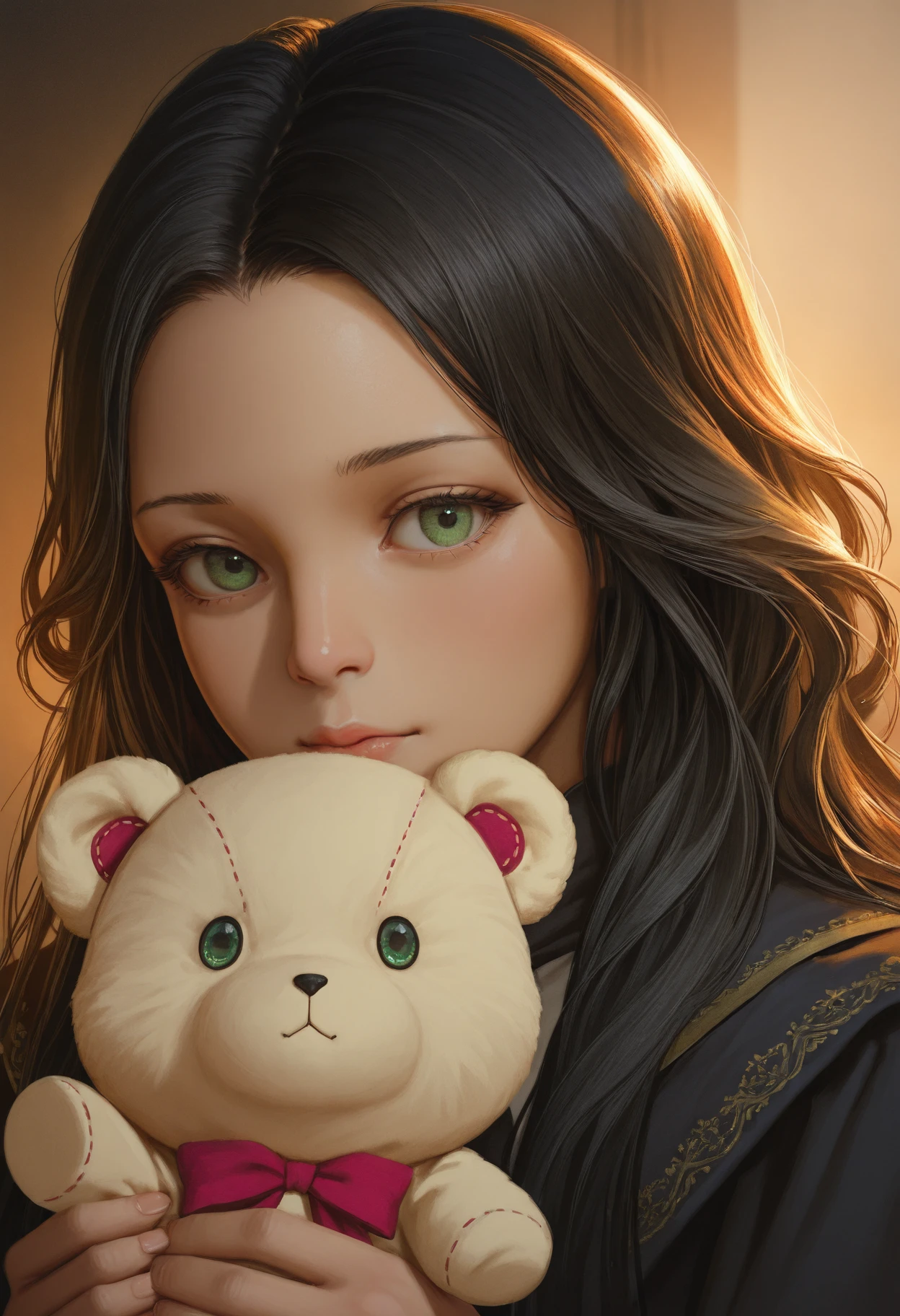 [(League of legends:1.5), creepy, dark, black and white, detailed manga line art, scared, psychological horror, grotesque, morbid, surreal], a girl holding a teddy bear, Annie, character from League of Legends