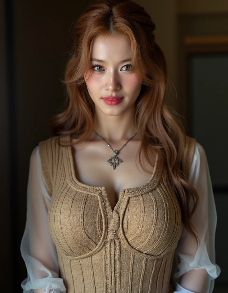 (Professional Photo), A beautiful young woman with red hair and large breasts sitting in an armchair with a fireplace in the background, green eyes, 22 years old, full body photo, photography, realistic face, extremely detailed natural texture, nikon d850 film stock photography, kodak portra 400 camera f1.6 lens, extremely detailed, amazing, fine details, hyper realistic texture, dramatic lighting, unrealengine, trend at artstation, cinestill 800 tungsten, looking at the viewer, realistic photo, RAW photo, TanvirTamim, high quality, highres, sharp focus, extremely detailed, cinematic lighting, 8k uhd,