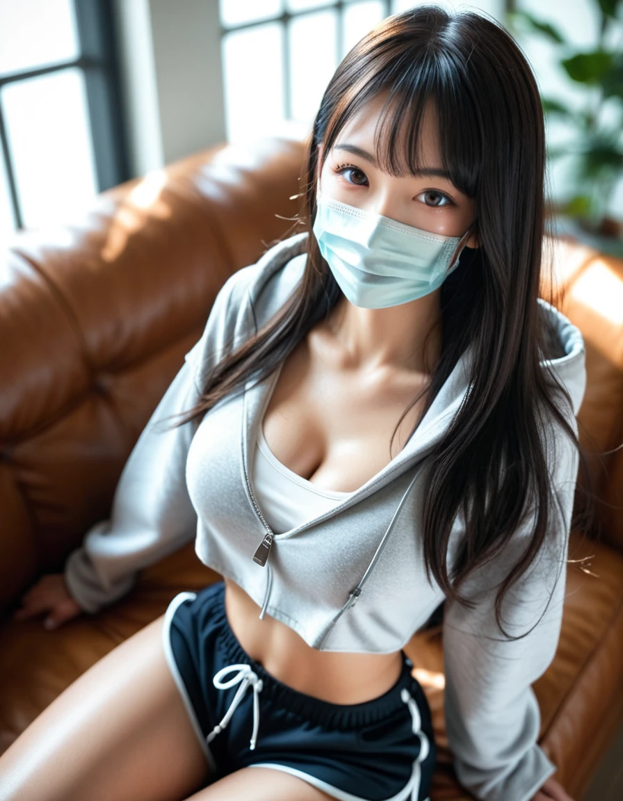 (masterpiece:1.3), (8k, Realistic, RAW Photos, highest quality: 1.4), (Young Adult Girls), Beautiful Face, Young and beautiful big breasts、Big cleavage、(Thin face), Beautiful grey hairstyles, Realistic eyes, Beautiful and beautiful eyes, (Realistic skin), Beautiful Skin, break、(ribbed fabric Sweater dress、Big Size), Confused, charm, charm、Ultra-high resolution, Surreal, Very detailed, Beautiful feet、Charming thighs、((Full Shot :1.8)) , School Health Room、Office Girl、((Hang the ID card around your neck with a strap))、Back streets at night、Busy Street、Shadow、Shyly、Shiny sexy lips and lip gloss💄、Glossy fluorescent pink lipstick、shiraki meiko 、(Sweat, vapor)、((mask、narrow, drooping eyes、Cold Stare、Don't look here))