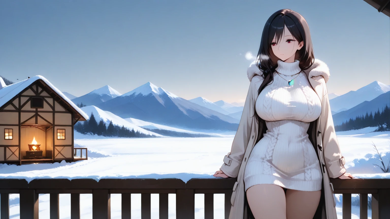 Girl with tan skin with big breast and dark hair thats wavy sitting by a snowy mountain wearing a dress with lace