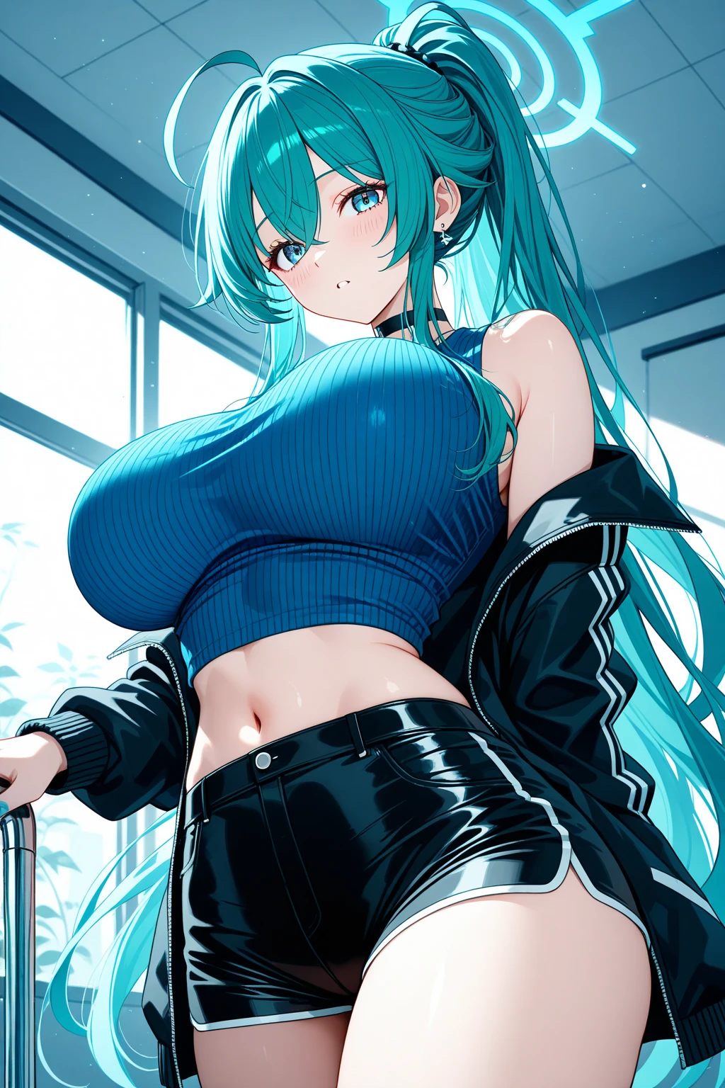 masterpiece, best quality, ultra high res, ultra-detailed, outside a parking, night, beautiful night city landscape, 1 girl, slut, sena, black and blue hair, brown eyes, dark brown skin, red lipstick, red eyeliner, hairy pubic hair, gigantic tits, giant cleavage, soggy, open leather black jacket, no bra, red straight mini skirt, black fishnet tights, black boots, white high heels, horny, sexy, oily body, (sena is seating on a sport car spreading her legs wide open and her pussy exposed while squirting lots of love juice and having her hands behind her head and while having a very horny face and moaning with open mouth and her slutty tongue out dripping saliva: 1.6)