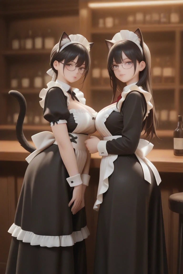 Il y a une femme adulte avec des lunettes,dans une cuisine , préparer le repas, vue de dos, personnage montre ses fesses a la caméra ,french maid, Uniforme de soubrette court , cheveux noirs et mèches violettes, oreilles de chat sur la tête, cat ears, Femme de 30 ans , gros seins, belle poitrine , Décolleté important, Avatar de seconde vie, Belle capture d’écran, charme , Seconde vie, Plan rapproché du corps entier , femme séduisante, portant des lunettes noires brillantes