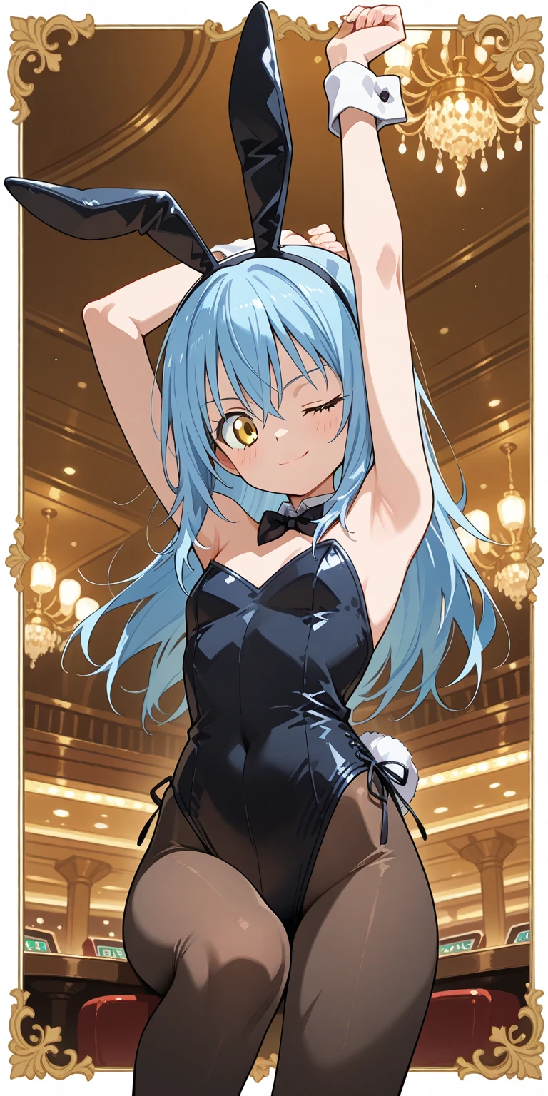 1Girl, solo,aqua hair, medium hair, blue eyes,(((black bunny suit,clavage,bare shoulders,Blush,black bunny ears))),short hair