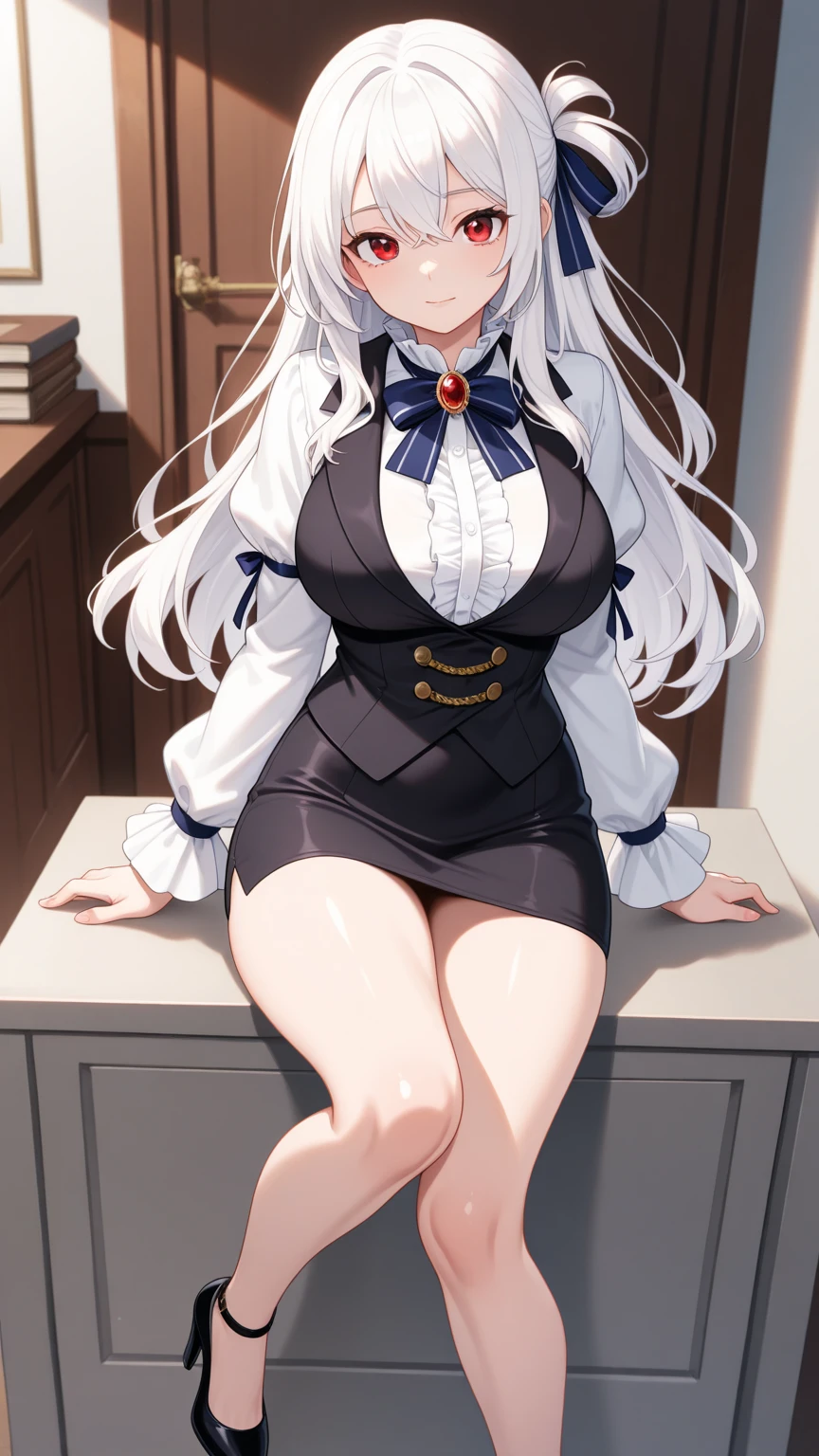 One girl, Amber Eyes, View Viewer, smile, White Hair, Super Long Hair, shirt,Erect nipples, jewelry, Big Breasts, Mole, necklace, garter belt, pencil skirt, skirt, Suit Maria_sarushima,  nsfw ,Highest quality,Leg spread