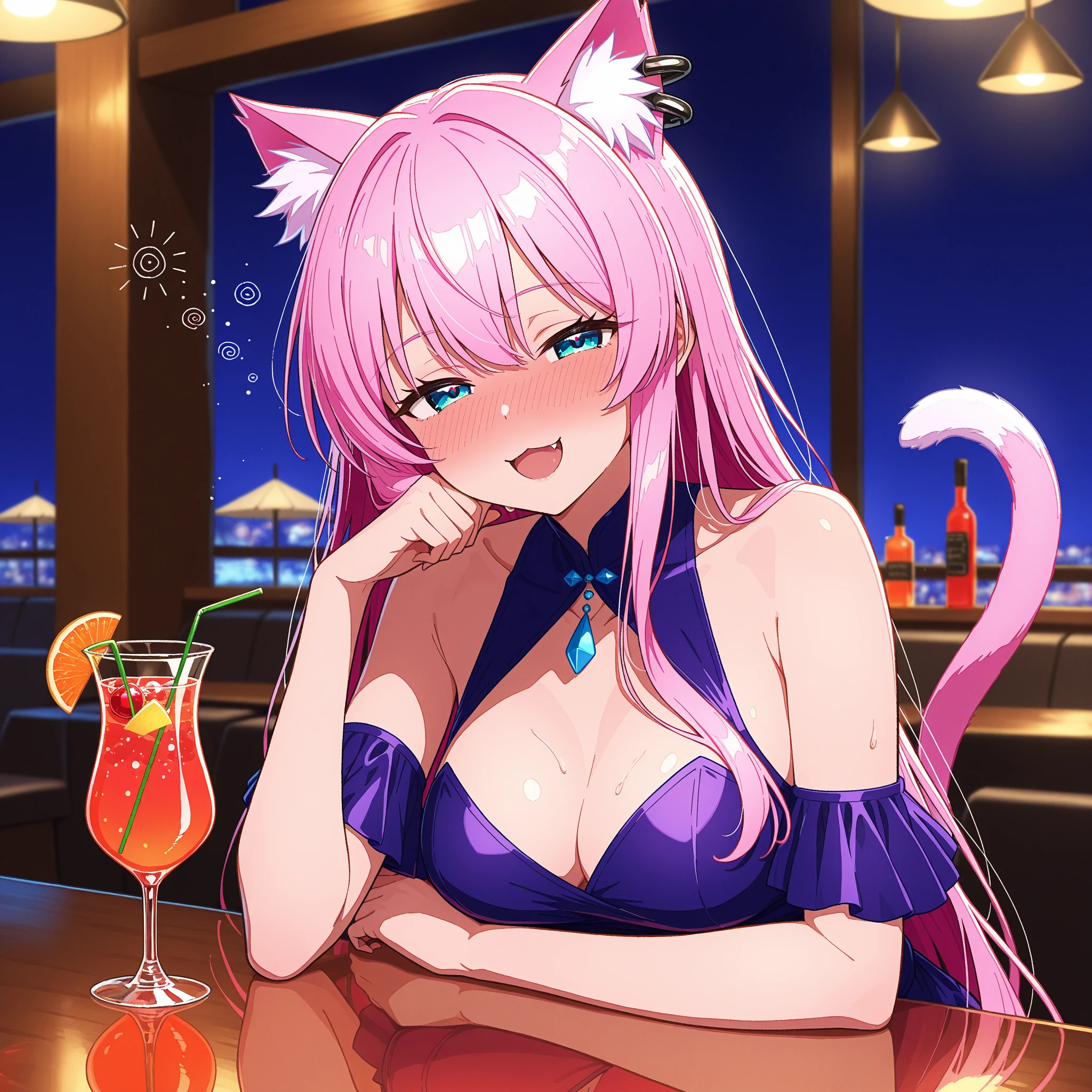 (Masterpiece) (High Detail) (High Res) From behind A short petite humanoid girl with pale human skin and bright turquoise-coloured eyes and long pink hair in a braid and large fluffy pink dog ears and a big fluffy pink dog tail and average breasts. Pink Hair. Pink Tail. She is alone and is leaning against the bar in a nightclub. She is wearing a rainbow-coloured sequin-covered tight dress, and is looking friendly.