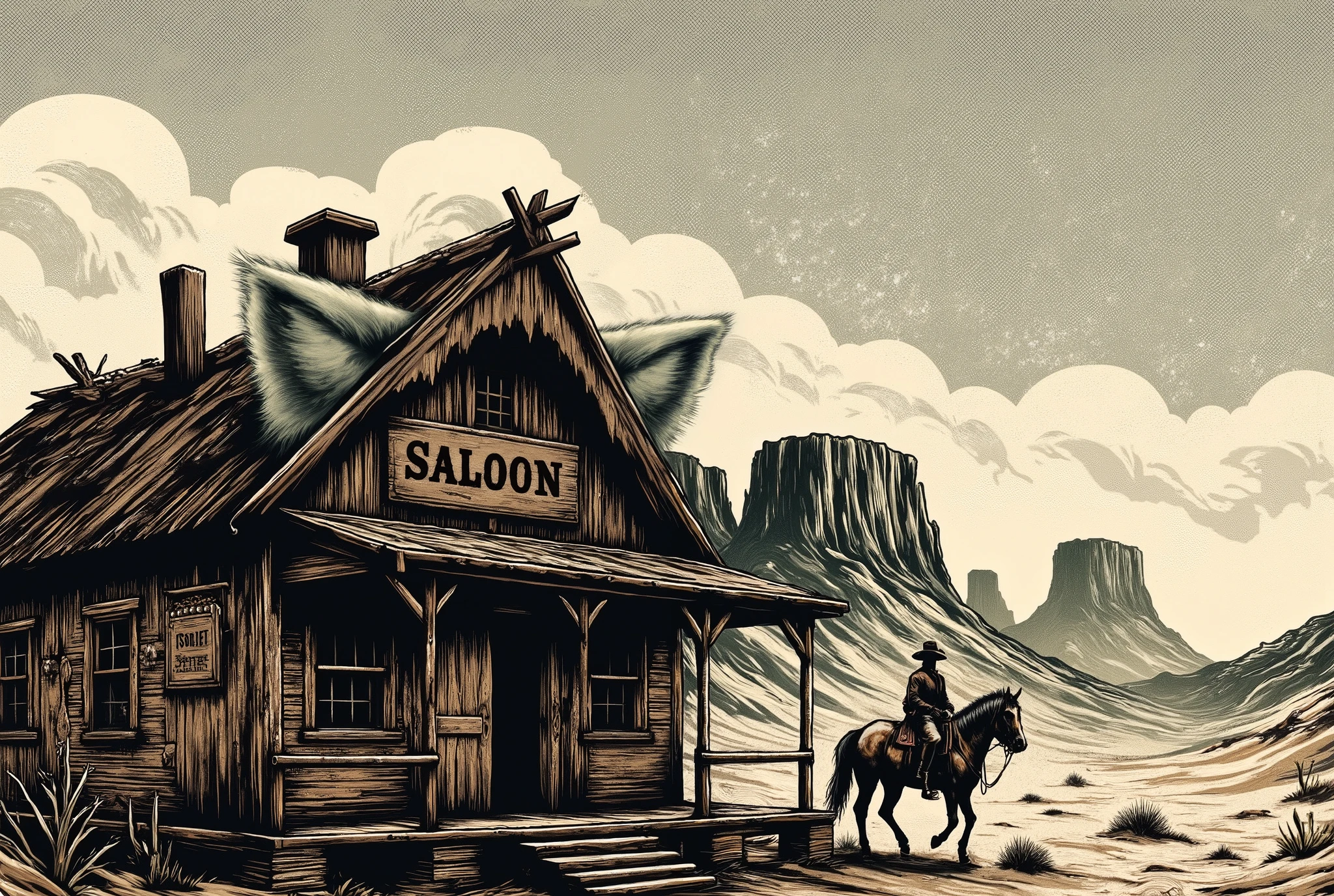 1885s, no humans, western movies, cowboy movies, bar, saloon swing-doors, wooden roof, giant white cat-ear on roof, no cat-face, signboard, tumbleweed, sand road, horse, wide shot,