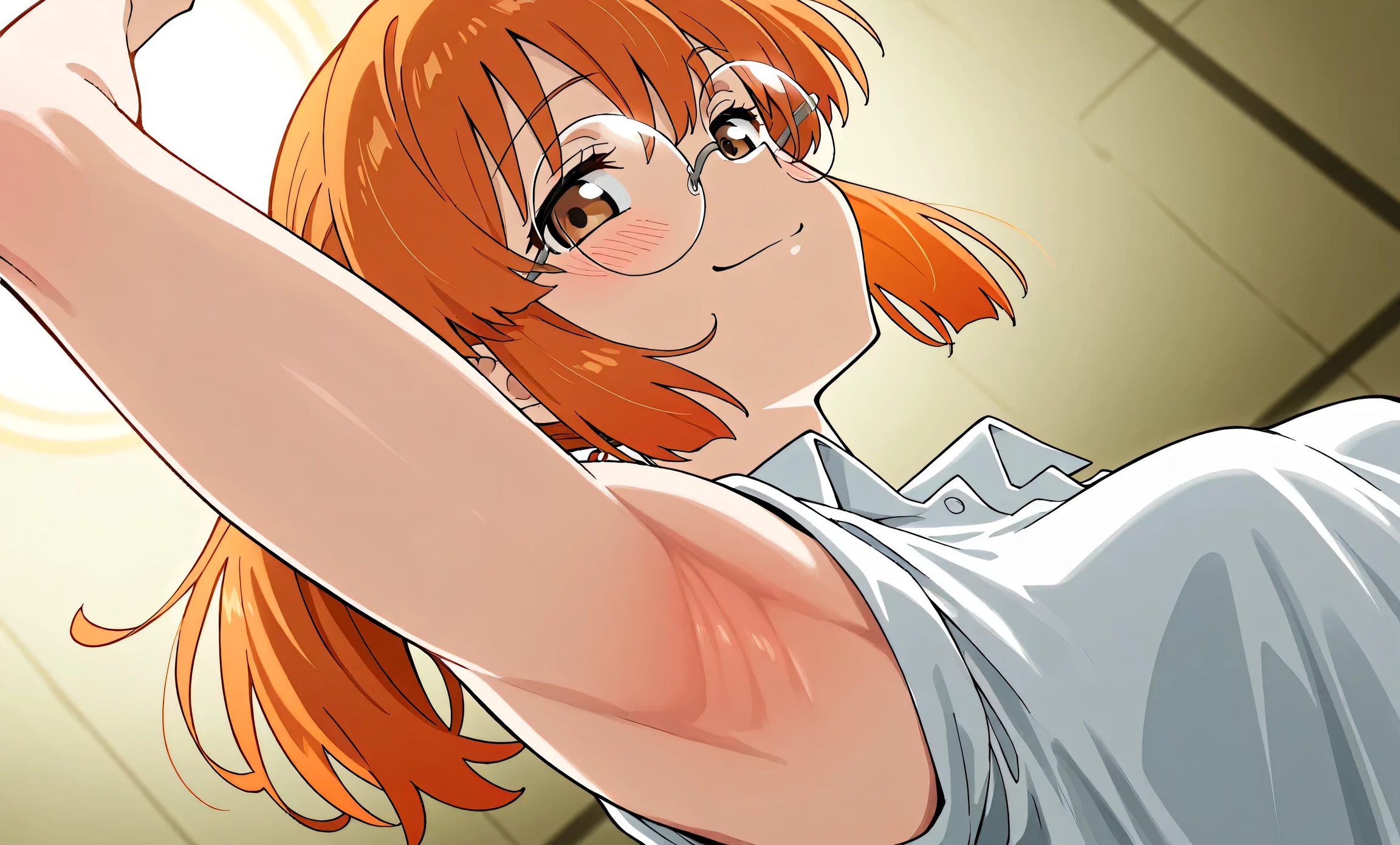 masterpiece, best quality, amazing quality, anime screencap, anime coloring, 1girl, solo, Fio Germi, toned, (muscular female:0.9), long hair,orange hair,ponytail, sidelocks, brown eyes, bangs, round eyewear, medium breasts, white shirt, collared shirt, sleeveless shirt, open collar, arm up, raised arm, armpit, armpit focus, head towards viewer, looking at viewer, direct eye contact, smile, smug, blush, closed mouth, confident, military base, from side, from below, armpit up close, close-up of armpit 