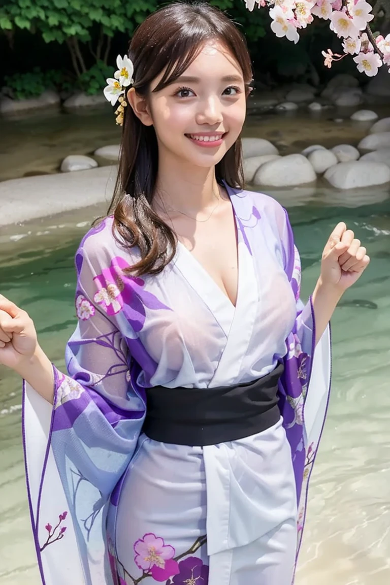 (((Browsing Caution))), (RAW Photos:1.2), (Realistic), Beautiful detailed girl, Very detailedな目と顔, Narrow and beautiful eyes, Large file size, High resolution, Very detailed, highest quality, [Tabletop:1.6], shape, Very detailed, Finer details, highest quality, 8k wallpaper, Cinema Lighting, 15 year old Japanese girl, Early summer season, Gentle look, An old Japanese townscape with a river running through it, Fresh green trees line the river bank, Japanese woman taking off her yukata, She is taking off her yukata with the front open., In underwear, White bra visible, White panties are visible, ponytail, Slender body, Young Face, Small breasts, Exposed nipples,  Quiet river flow, Changing clothes by the river