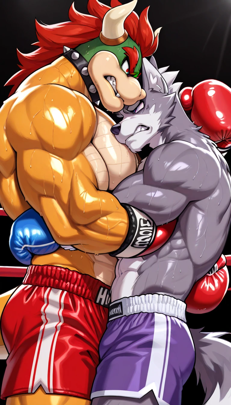 Duo male(Brown Wolf vs Black Wolf, handsomes, Thick eyebrows), gay(Lying down, body on back, cuddling embraced from behind, Body frottage, face to face, on a UFC match), hot(Shirtless), handsomes(They are handsomes, correct anatomy), musculosos(Big muscle bodies, Six packs, muscle abs, big pecs, muscle backs, muscle legs), sweaty(very sweaty wet bodies, shiny sweat), tatuajes(they have tattoos), Angry(Both have an angry expression, growling, steaming breath), UFC gloves(They both are wearing red UFC gloves), UFC boxers(They both are wearing boxers), Hight resolution, by(Zourik:1.1)