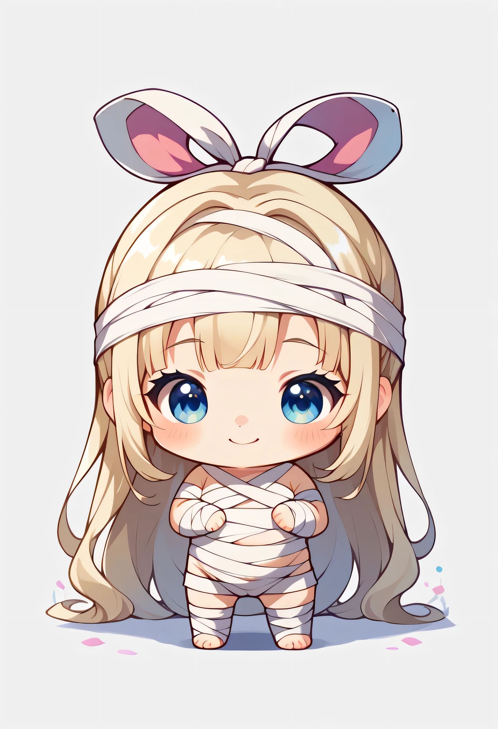 Mummy Deformed、cute、 chibi、cute、Milky white unique long hair、blue gradation hair color、